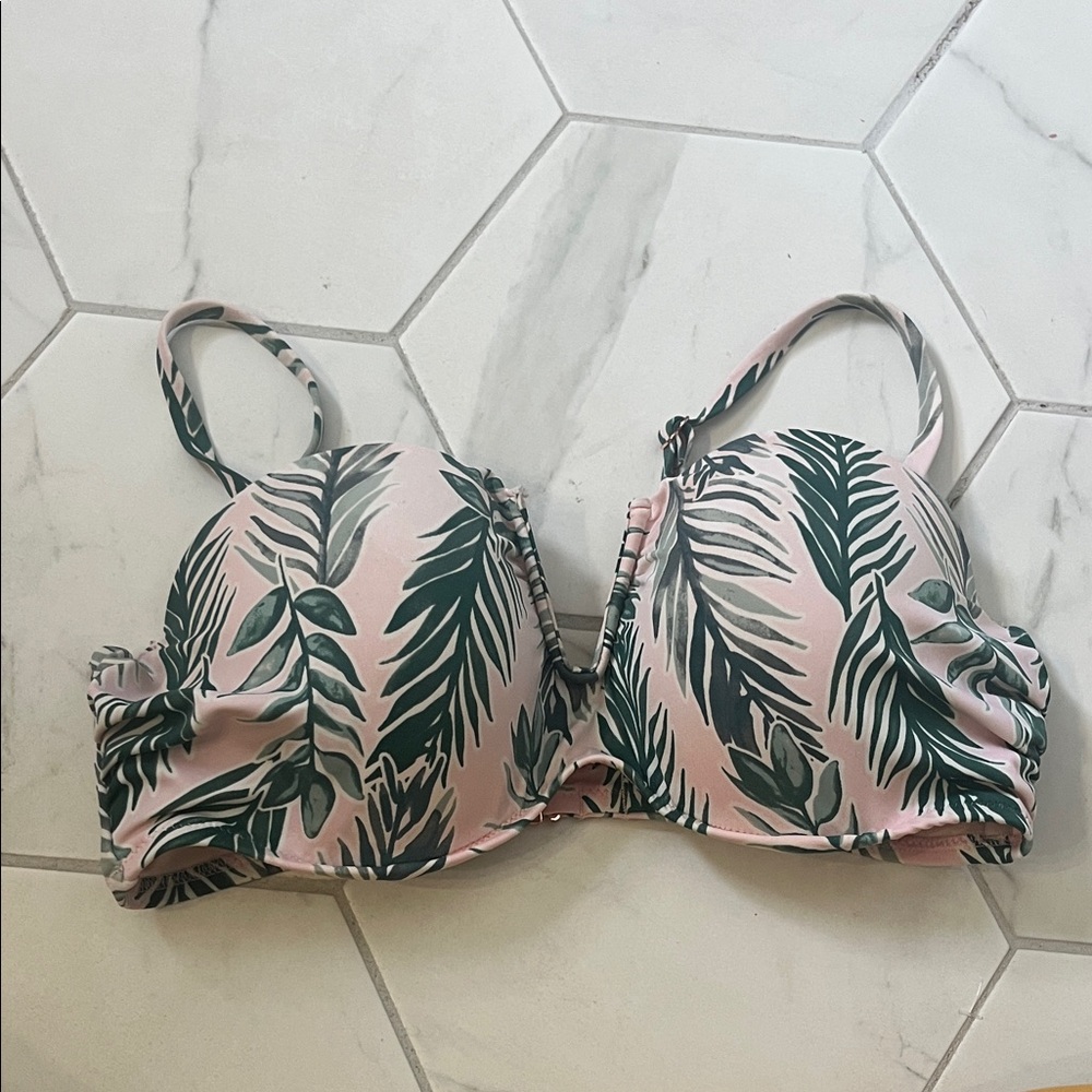 Shade and Shore Pink and Green Leaf Print Bikini Top